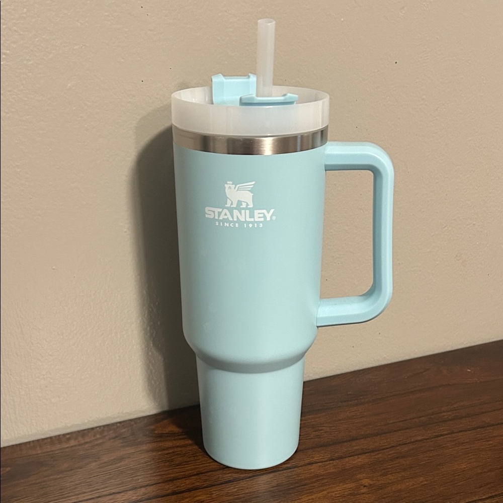 Stanley 40oz Light Blue Travel Mug with Handle and straw